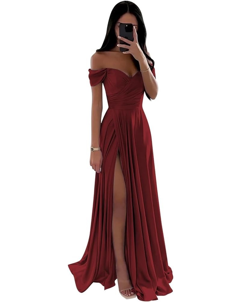 Off The Shoulder Satin Bridesmaid Dresses for Wedding Long Ruched Corset Formal Prom Dress with Slit Burgundy $37.50 Dresses