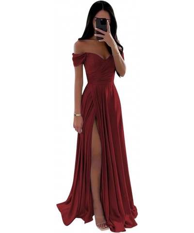 Off The Shoulder Satin Bridesmaid Dresses for Wedding Long Ruched Corset Formal Prom Dress with Slit Burgundy $37.50 Dresses