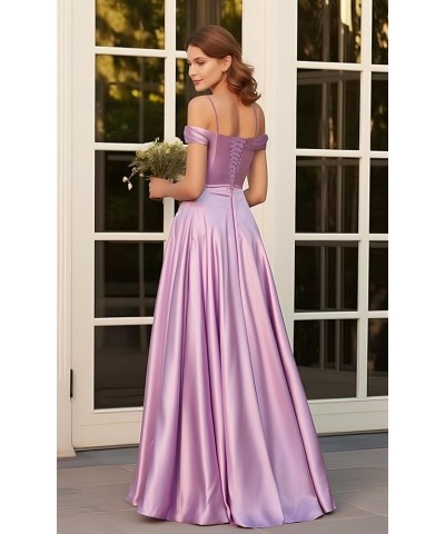 Off The Shoulder Satin Bridesmaid Dresses for Wedding Long Ruched Corset Formal Prom Dress with Slit Burgundy $37.50 Dresses