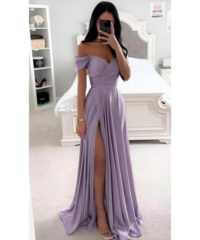 Off The Shoulder Satin Bridesmaid Dresses for Wedding Long Ruched Corset Formal Prom Dress with Slit Burgundy $37.50 Dresses