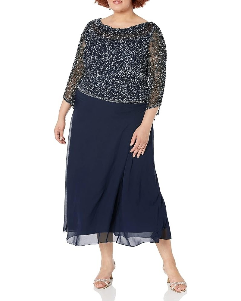 Women's Plus Size Long Beaded Dress with Cowl Neck Navy/Mercury $28.75 Dresses