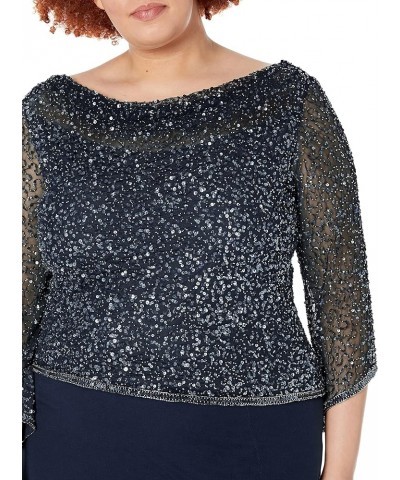 Women's Plus Size Long Beaded Dress with Cowl Neck Navy/Mercury $28.75 Dresses