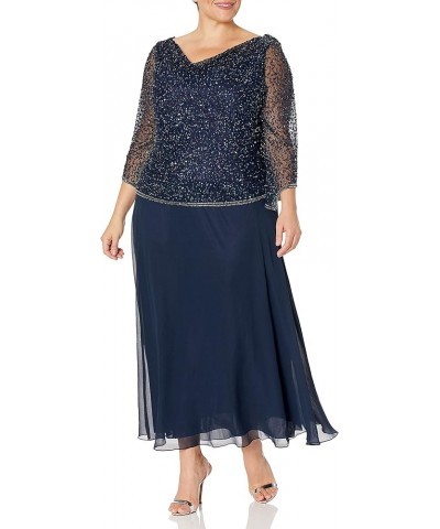 Women's Plus Size Long Beaded Dress with Cowl Neck Navy/Mercury $28.75 Dresses