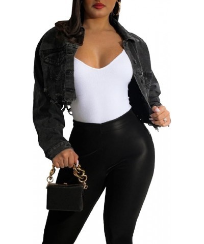 Cropped Denim Jackets for Women Long Sleeve Destroyed Wash Jean Jackets A-black $22.54 Jackets