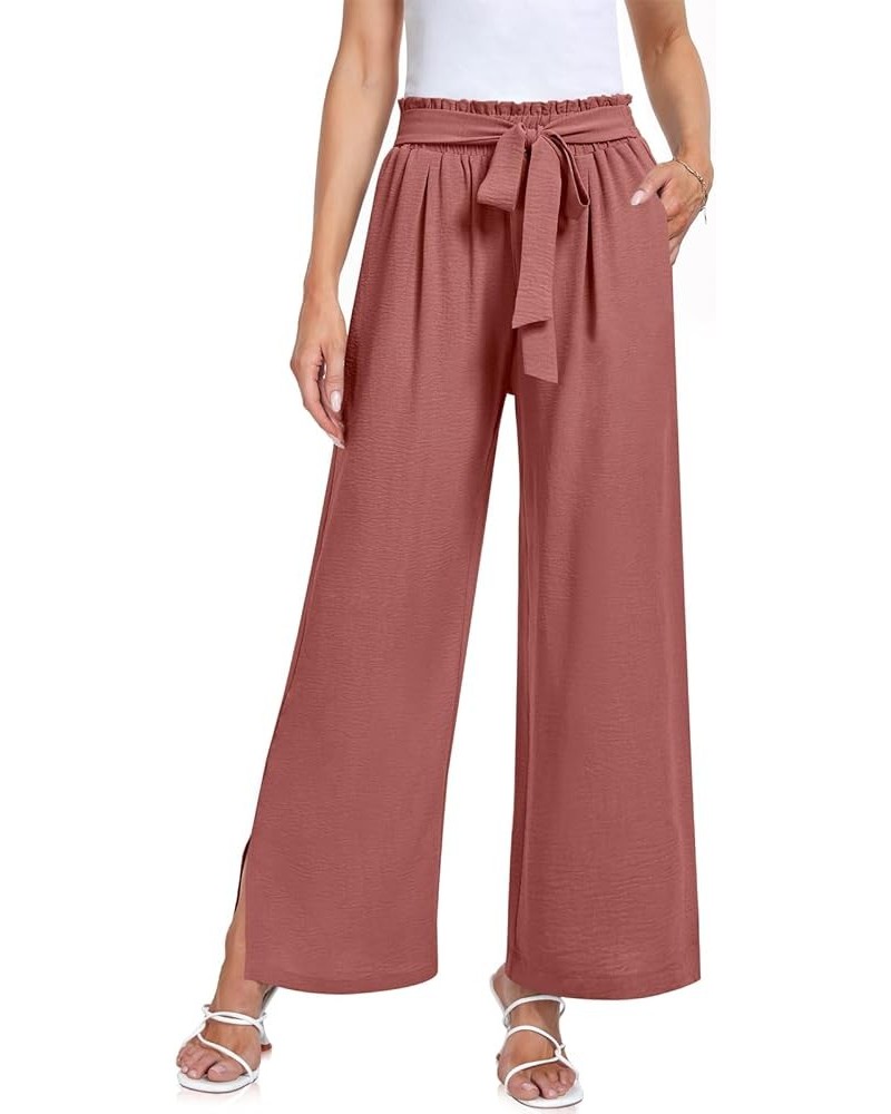 Women's Wide Leg Casual Pants High Waisted Adjustable Tie Knot Business Work Trousers with Pockets Rust Red $9.65 Pants