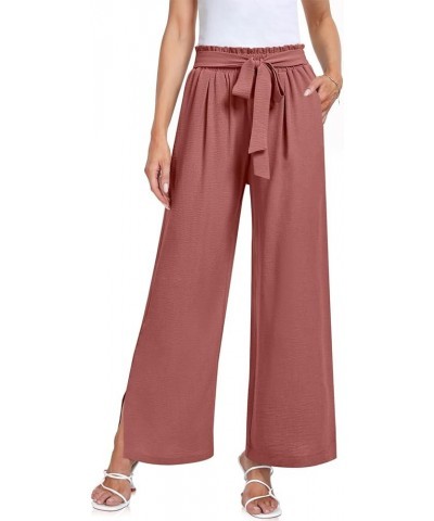 Women's Wide Leg Casual Pants High Waisted Adjustable Tie Knot Business Work Trousers with Pockets Rust Red $9.65 Pants