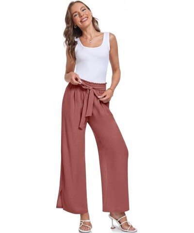 Women's Wide Leg Casual Pants High Waisted Adjustable Tie Knot Business Work Trousers with Pockets Rust Red $9.65 Pants