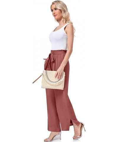 Women's Wide Leg Casual Pants High Waisted Adjustable Tie Knot Business Work Trousers with Pockets Rust Red $9.65 Pants