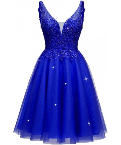 V Neck Tulle Short Prom Dresses Lace Applique Homecoming Dress Sparkly Sequin Cocktail Mini Dress Royal Blue $33.54 Dresses