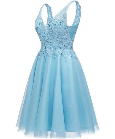 V Neck Tulle Short Prom Dresses Lace Applique Homecoming Dress Sparkly Sequin Cocktail Mini Dress Royal Blue $33.54 Dresses