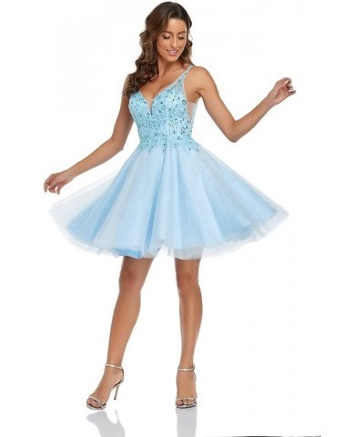 V Neck Tulle Short Prom Dresses Lace Applique Homecoming Dress Sparkly Sequin Cocktail Mini Dress Royal Blue $33.54 Dresses