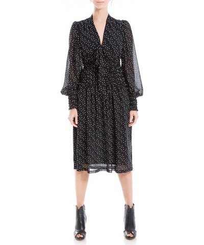 Women's Crepe Long Sleeve Smocked Midi Dress Black/Taupe Medium Scattered Polka Dot $29.20 Dresses