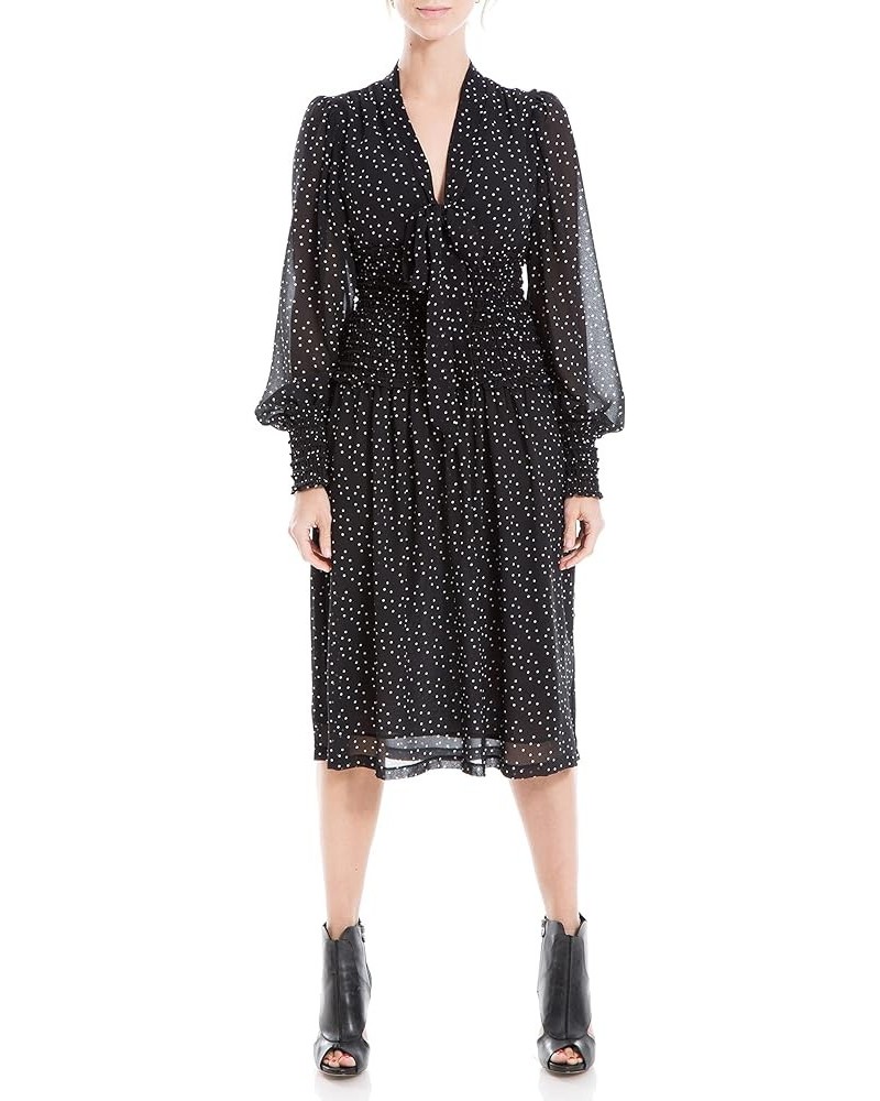 Women's Crepe Long Sleeve Smocked Midi Dress Black/Taupe Medium Scattered Polka Dot $29.20 Dresses