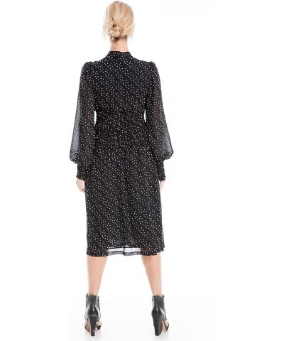 Women's Crepe Long Sleeve Smocked Midi Dress Black/Taupe Medium Scattered Polka Dot $29.20 Dresses