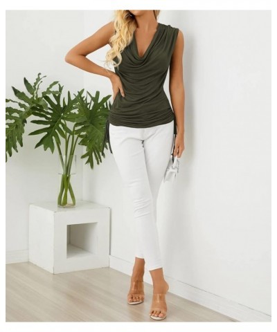 Women Cowl Neck Tank Tops Summer Ruched Sleeveless Casual Shirts Side Shirring Cotton Tops Army Green $13.99 Tanks