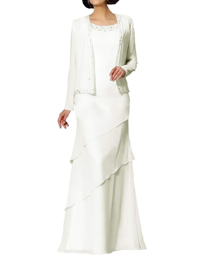 Mother of The Bride Dresses Long Evening Formal Gowns Chiffon Beaded Jacket Tiered Modest Wedding Guest Groom Women's Ivory $...