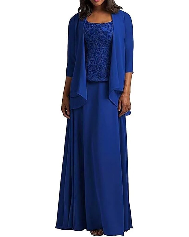 Laces Applique Mother of Bride Dress with Jacket Scoop Neck Mother of The Groom Dress for Women Formal Evening Gowns Royal-bl...