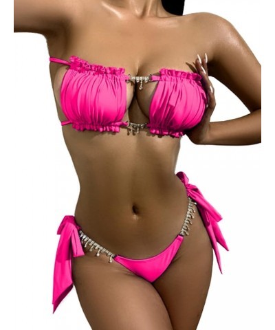 Womens Sexy Thong Bikini Set Ruffle Swimsuit Micro Bandeau 2 Piece Bathing Suit Tie Side Bikini Bottoms Pink-a $19.24 Swimsuits