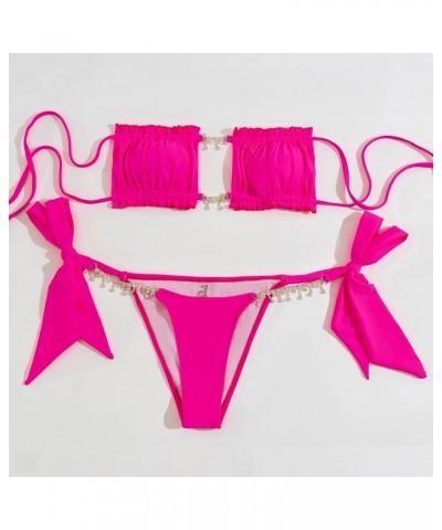 Womens Sexy Thong Bikini Set Ruffle Swimsuit Micro Bandeau 2 Piece Bathing Suit Tie Side Bikini Bottoms Pink-a $19.24 Swimsuits