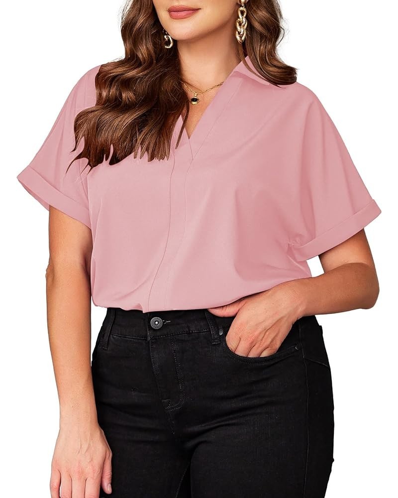 Plus Size V Neck Collared Tops Short Sleeve Blouse Casual Tunic Women's Shirt 2024 Rose Pink $16.23 Blouses