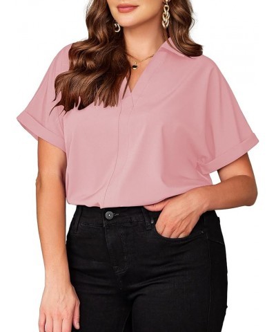 Plus Size V Neck Collared Tops Short Sleeve Blouse Casual Tunic Women's Shirt 2024 Rose Pink $16.23 Blouses