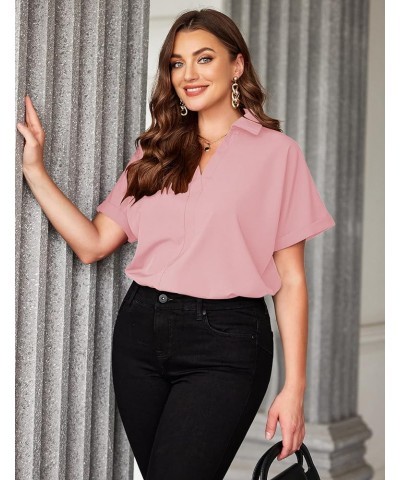 Plus Size V Neck Collared Tops Short Sleeve Blouse Casual Tunic Women's Shirt 2024 Rose Pink $16.23 Blouses