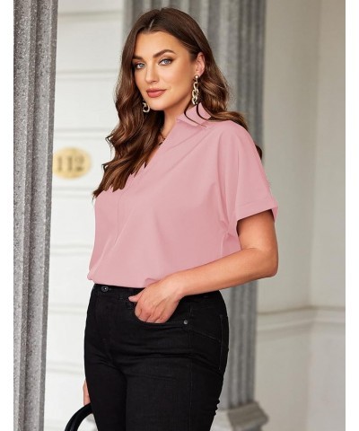 Plus Size V Neck Collared Tops Short Sleeve Blouse Casual Tunic Women's Shirt 2024 Rose Pink $16.23 Blouses