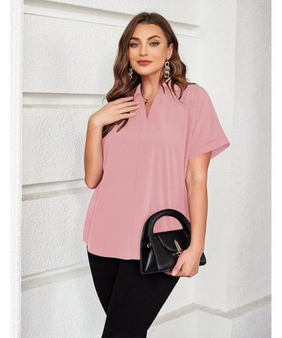 Plus Size V Neck Collared Tops Short Sleeve Blouse Casual Tunic Women's Shirt 2024 Rose Pink $16.23 Blouses