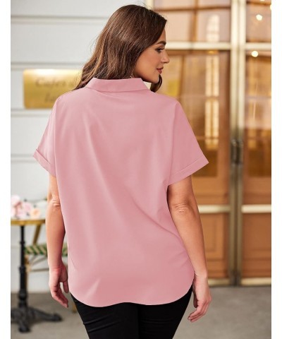 Plus Size V Neck Collared Tops Short Sleeve Blouse Casual Tunic Women's Shirt 2024 Rose Pink $16.23 Blouses