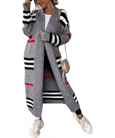 Women's Vintage Open Front Knit Striped Maxi Long Cardigan Sweater with Pockets Grey $22.42 Sweaters