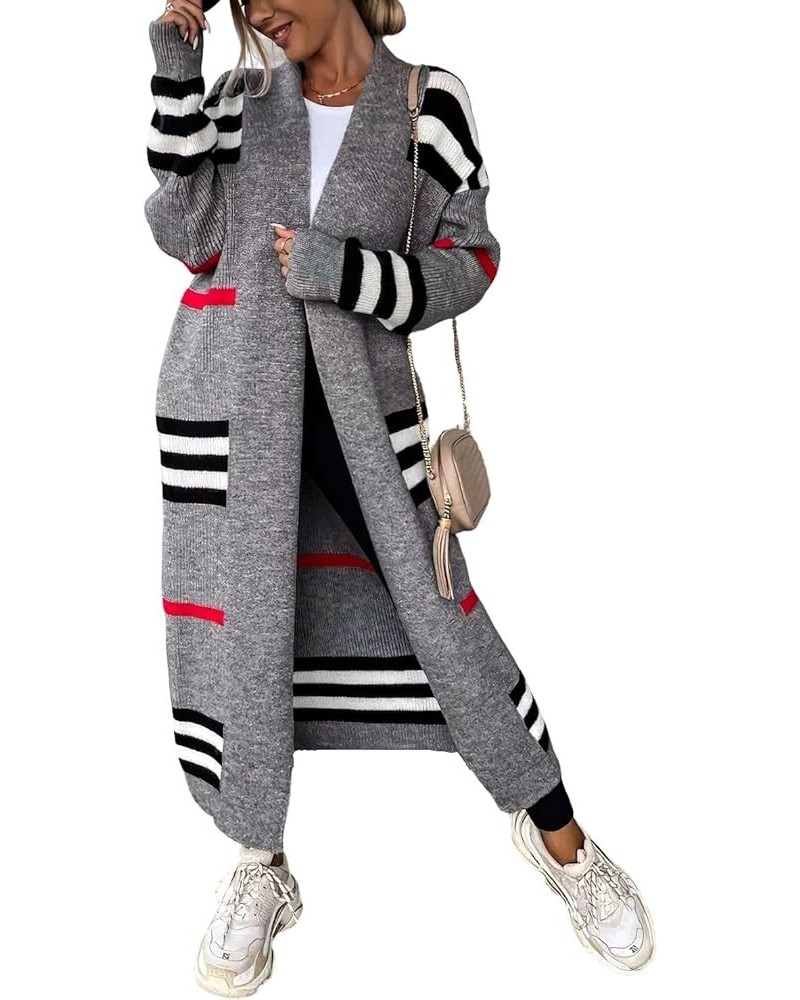 Women's Vintage Open Front Knit Striped Maxi Long Cardigan Sweater with Pockets Grey $22.42 Sweaters