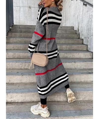 Women's Vintage Open Front Knit Striped Maxi Long Cardigan Sweater with Pockets Grey $22.42 Sweaters