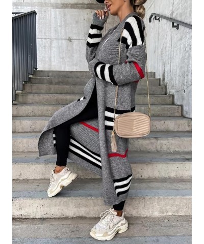 Women's Vintage Open Front Knit Striped Maxi Long Cardigan Sweater with Pockets Grey $22.42 Sweaters