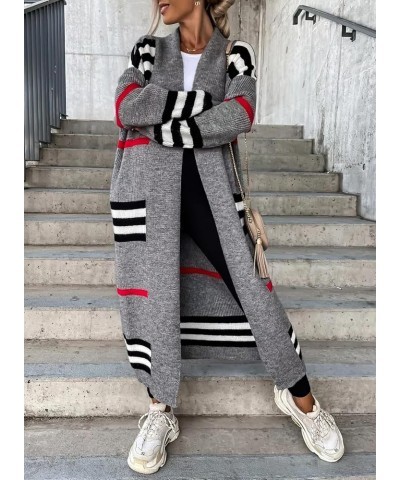 Women's Vintage Open Front Knit Striped Maxi Long Cardigan Sweater with Pockets Grey $22.42 Sweaters