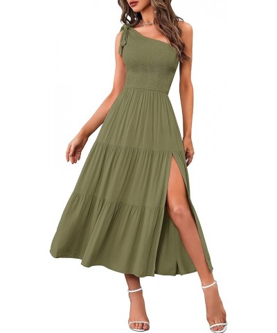 Women's Summer One Shoulder Sleeveless Knot Smocked Midi Dress Split Tiered Flowy Dresses Army Green $27.43 Dresses