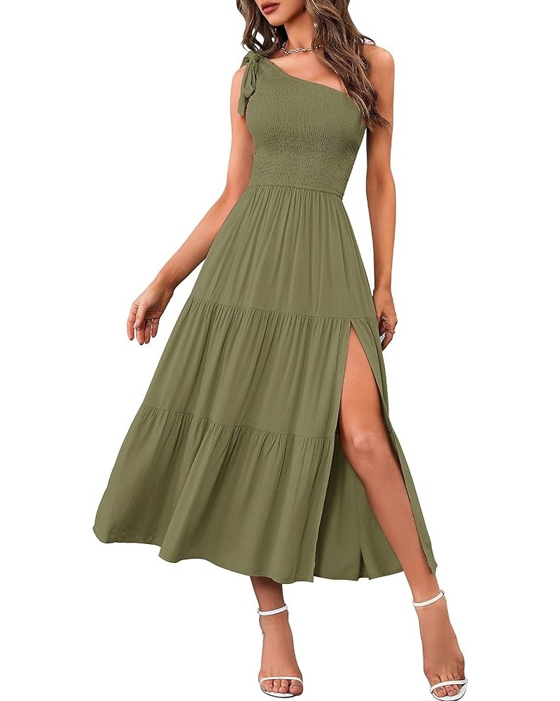 Women's Summer One Shoulder Sleeveless Knot Smocked Midi Dress Split Tiered Flowy Dresses Army Green $27.43 Dresses