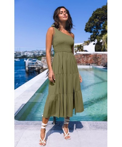 Women's Summer One Shoulder Sleeveless Knot Smocked Midi Dress Split Tiered Flowy Dresses Army Green $27.43 Dresses