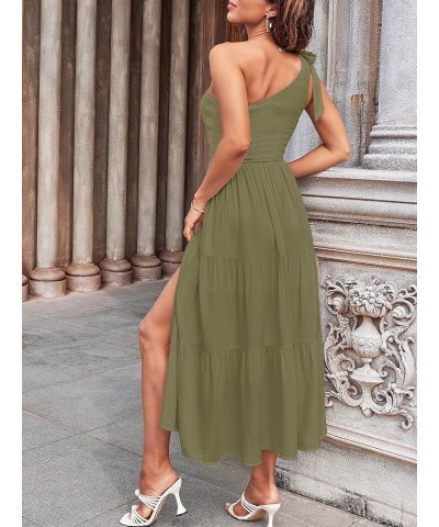 Women's Summer One Shoulder Sleeveless Knot Smocked Midi Dress Split Tiered Flowy Dresses Army Green $27.43 Dresses