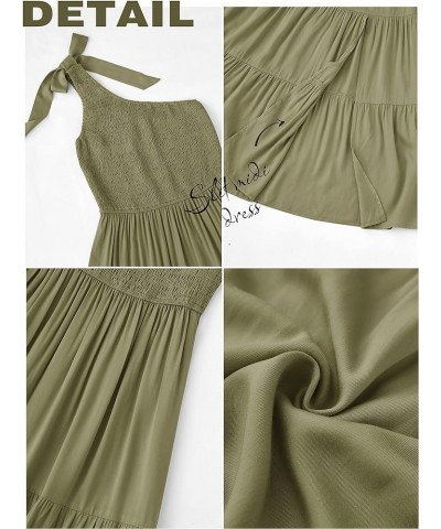 Women's Summer One Shoulder Sleeveless Knot Smocked Midi Dress Split Tiered Flowy Dresses Army Green $27.43 Dresses