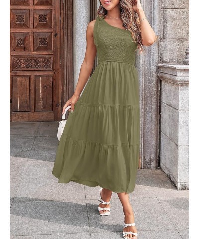 Women's Summer One Shoulder Sleeveless Knot Smocked Midi Dress Split Tiered Flowy Dresses Army Green $27.43 Dresses