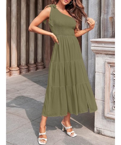 Women's Summer One Shoulder Sleeveless Knot Smocked Midi Dress Split Tiered Flowy Dresses Army Green $27.43 Dresses