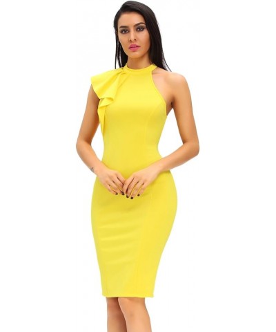 Women's Fashion Ruffle One Shoulder Sleeveless Midi Bodycon Cocktail Party Dress Vibrant Yellow $17.27 Dresses