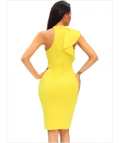 Women's Fashion Ruffle One Shoulder Sleeveless Midi Bodycon Cocktail Party Dress Vibrant Yellow $17.27 Dresses