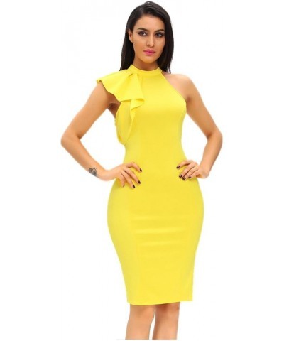 Women's Fashion Ruffle One Shoulder Sleeveless Midi Bodycon Cocktail Party Dress Vibrant Yellow $17.27 Dresses