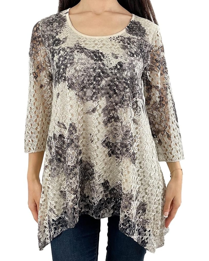 Women’s Lace Top Floral Print Tunic Knit Blouse 3/4 Sleeve - Ink Black Rose/Light Brown Lace $24.00 Tops