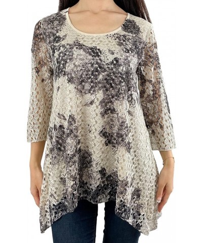 Women’s Lace Top Floral Print Tunic Knit Blouse 3/4 Sleeve - Ink Black Rose/Light Brown Lace $24.00 Tops