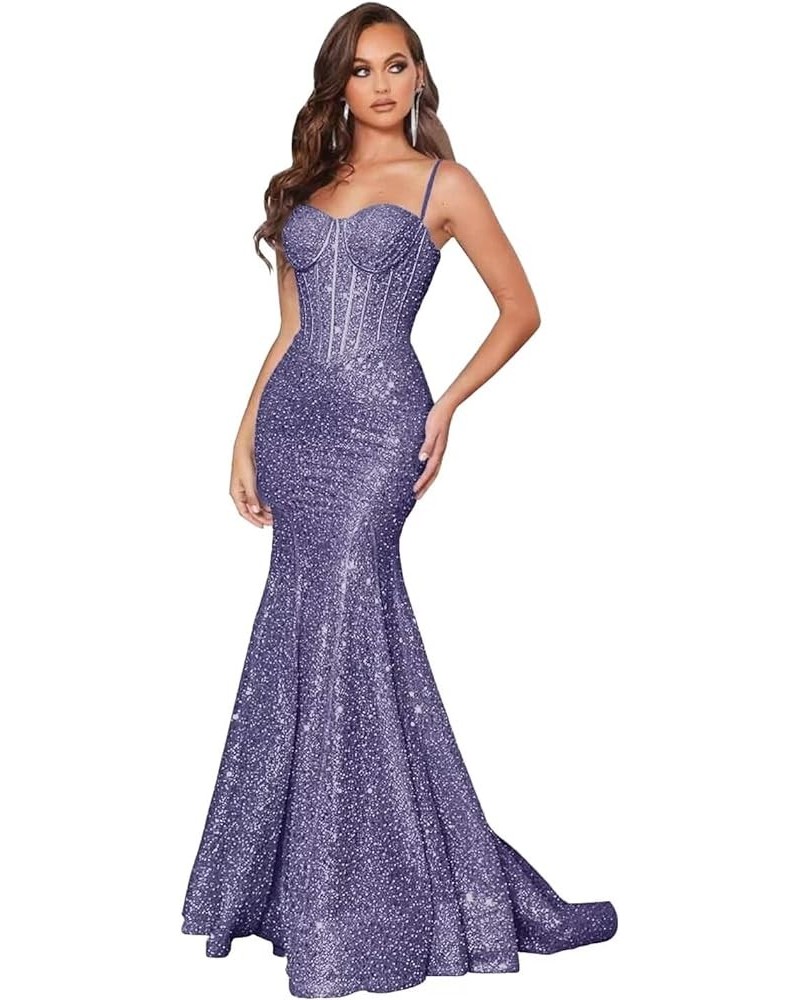 Sparkly Sequin Prom Dresses for Women Mermaid Long Spaghetti Straps Formal Evening Party Gowns Wisteria $36.50 Dresses