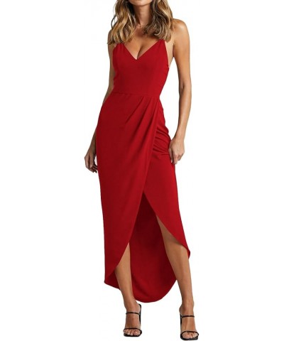 Women's Spaghetti Straps Ruched Wrap Split Hem Sleeveless Zipper Midi Dress Red $7.94 Dresses