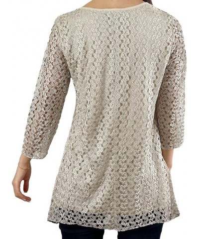 Women’s Lace Top Floral Print Tunic Knit Blouse 3/4 Sleeve - Ink Black Rose/Light Brown Lace $24.00 Tops