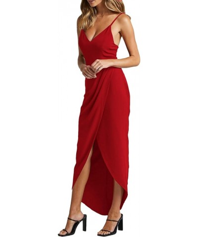 Women's Spaghetti Straps Ruched Wrap Split Hem Sleeveless Zipper Midi Dress Red $7.94 Dresses